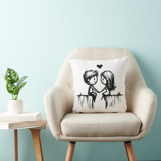 Coussin Couple de dessins animés et cœurs (Chaise)