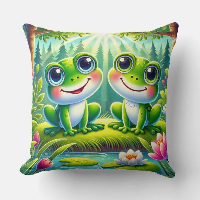 Coussin Couple de grenouilles vertes mignonnes dans un jar (Recto)