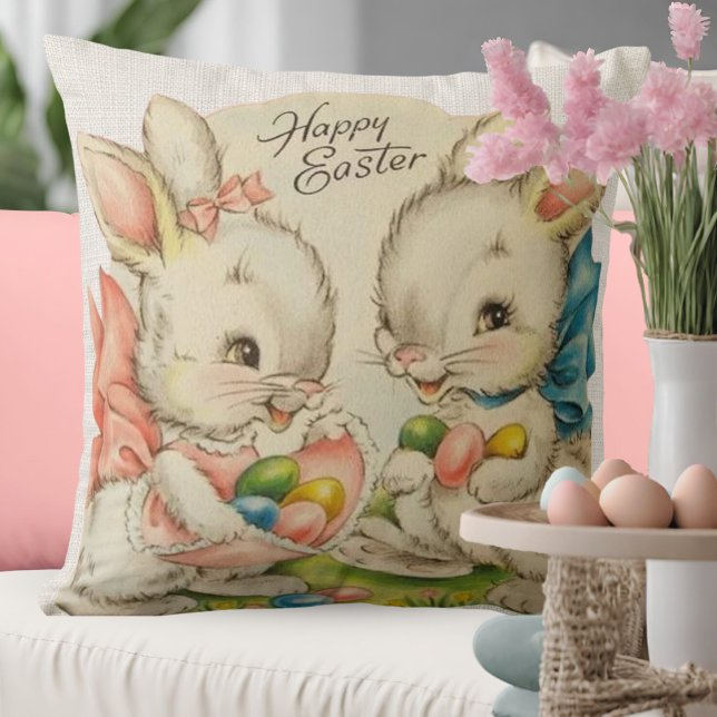 Coussin Couple de lapin de Pâques vintage (Vintage Happy Easter Bunnies With Easter Eggs Throw Pillow)