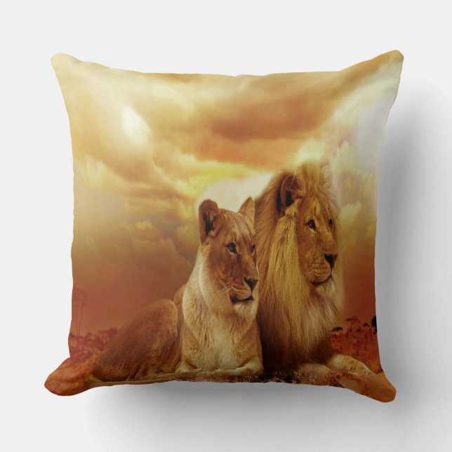 Coussin Couple de lions au coucher du soleil (Recto)