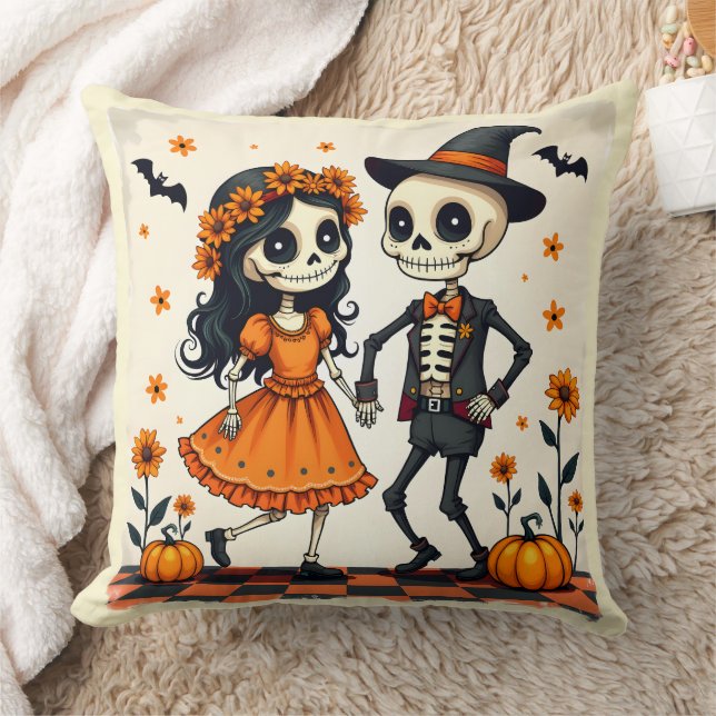 Coussin Couple de squelette d'Halloween mignon en orange (Couverture)