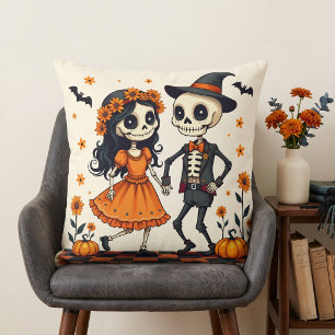 Coussin Couple de squelettes d'Halloween mignon en orange