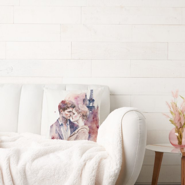 Coussin Couples d'aquarelle romantique à Paris Jeter P (Canapé)