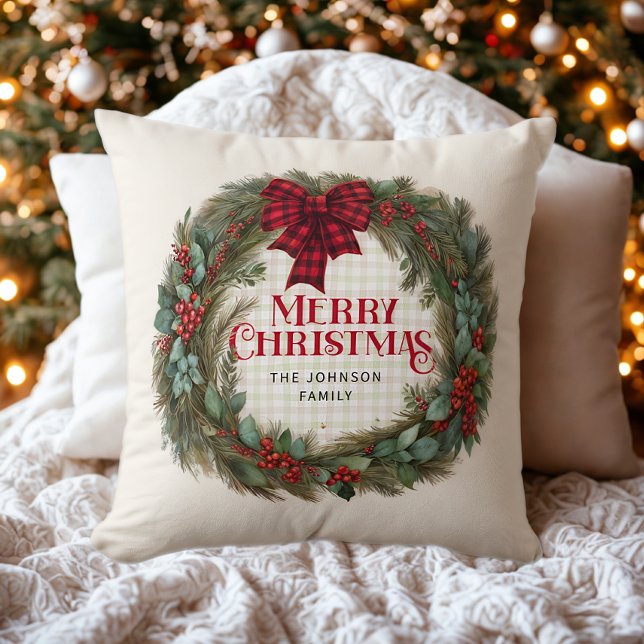 Coussin Couronne à l'aquarelle Vichy Noël à la ferme (Créateur téléchargé)