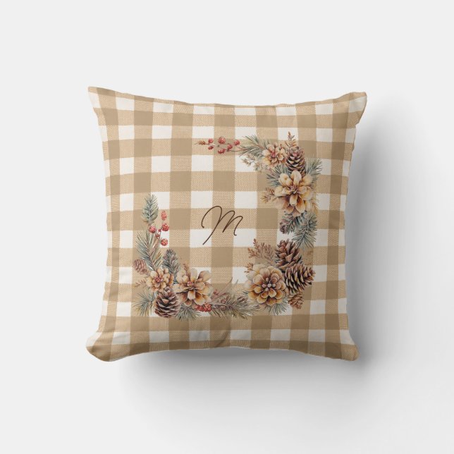 Coussin Couronne automnale Monogramme Gingham Brun  (Recto)