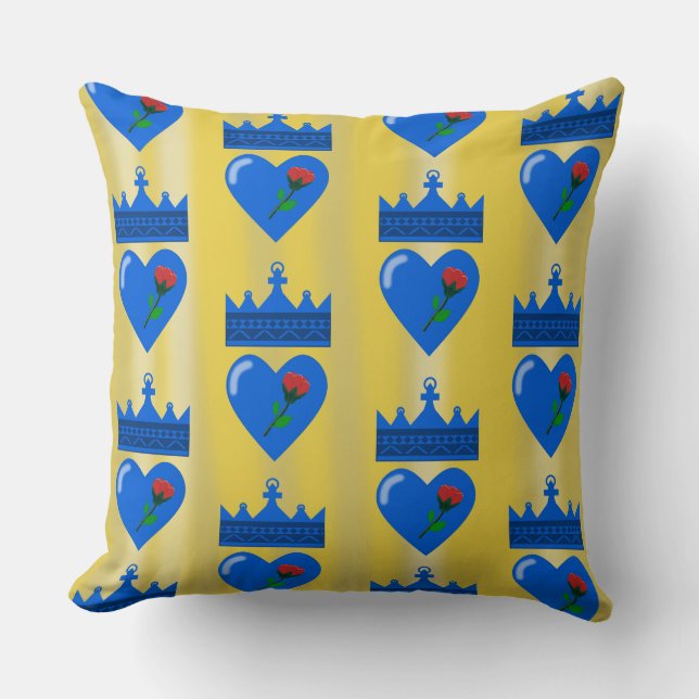 Coussin Couronne Bleue et Coeur avec Fleur Rouge (Recto)