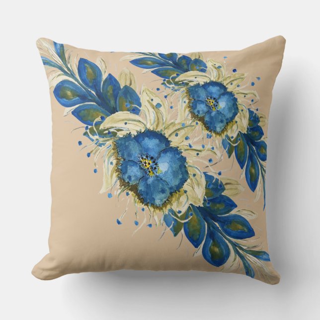 Coussin Couronne bleue floral aquarelle peinte à la main b (Recto)