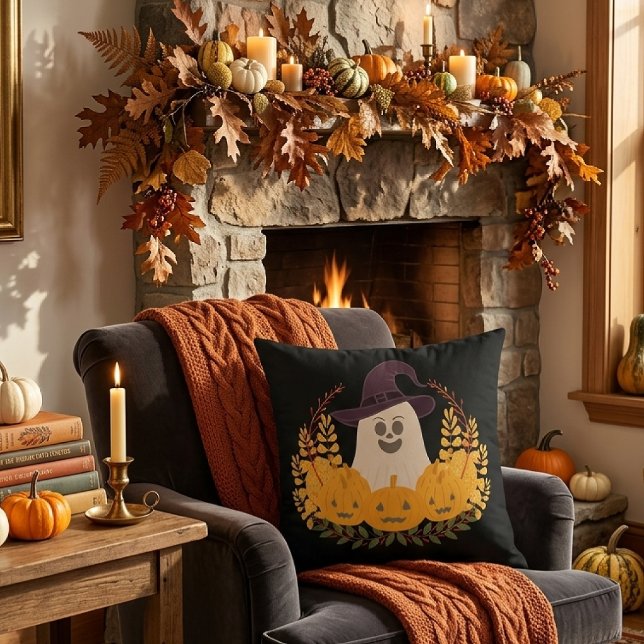 Coussin Couronne d'automne de fantôme mignon et de citroui (Créateur téléchargé)