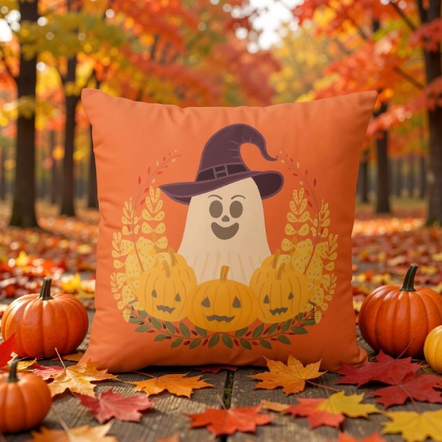 Coussin Couronne d'automne de fantôme mignon et de citroui (Créateur téléchargé)