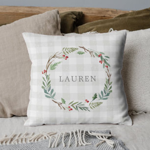 Coussin Couronne de baies d'hiver de Noël Nom personnalisé