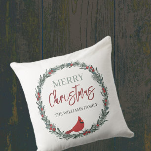 Coussin Couronne de baies rouges et cardinal rouge de Noël