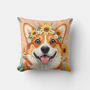Coussin Couronne de chien corgi joyeux des marguerites et 