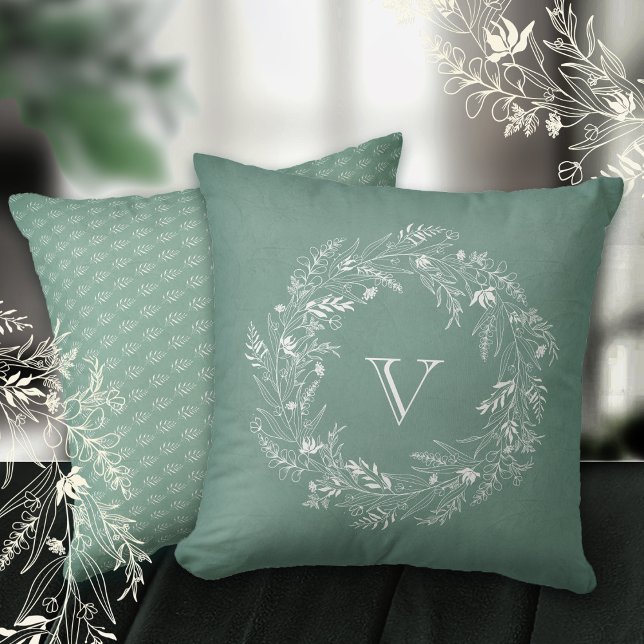 Coussin Couronne de feuillage blanc élégante lettre V (Créateur téléchargé)