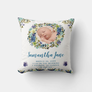 Coussin Couronne de fleurs aquarelle bleu et crème pour ph