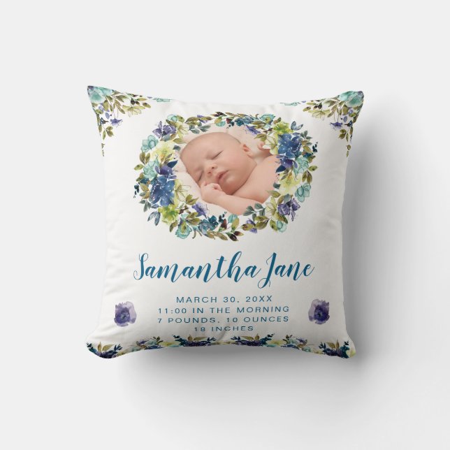Coussin Couronne de fleurs aquarelle bleu et crème pour ph (Recto)