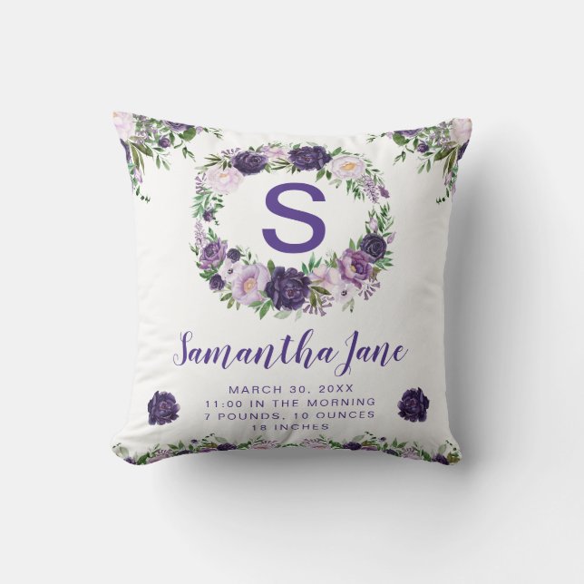 Coussin Couronne de fleurs aquarelle violet et crème pour  (Recto)