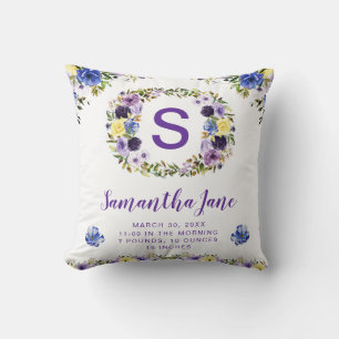 Coussin Couronne de fleurs aquarelle violet et crème pour