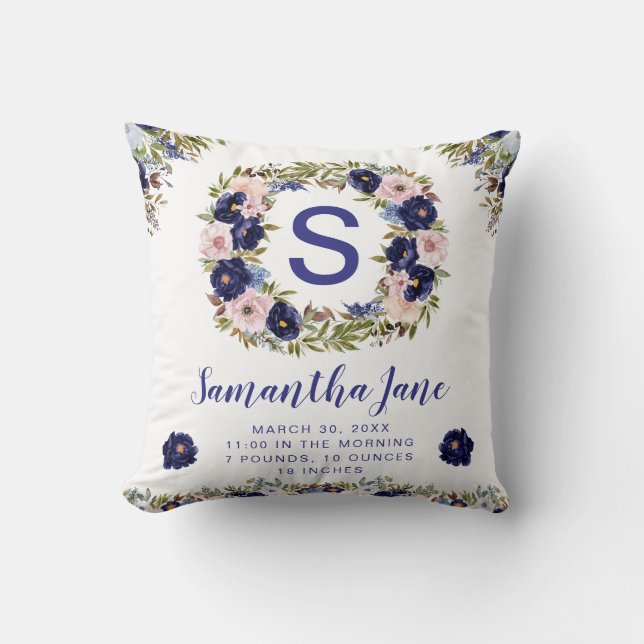 Coussin Couronne de fleurs bleu aquarelle et crème pour bé (Recto)