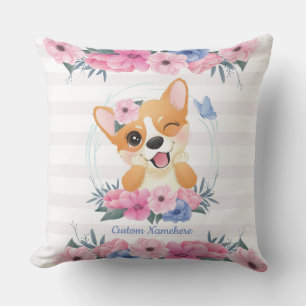 Coussin Couronne de fleurs de chien Corgi mignon Papillon