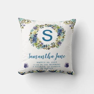 Coussin Couronne de fleurs d'été bleu aquarelle et crème p