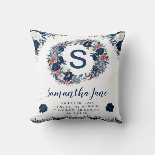 Coussin Couronne de fleurs d'hiver bleu aquarelle pour béb (Recto)