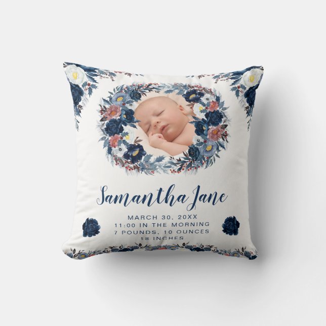 Coussin Couronne de fleurs d'hiver bleu aquarelle pour pho (Recto)