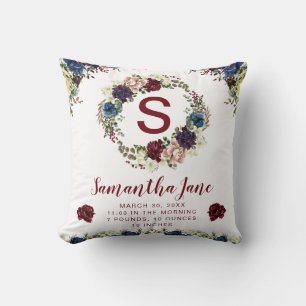 Coussin Couronne de fleurs d'hiver bleu et rouge aquarelle