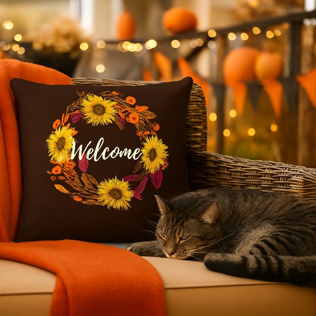 Coussin Couronne de fleurs et de feuilles de bienvenue d'a (Créateur téléchargé)