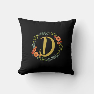 Coussin Couronne de fleurs Monogramme Or Lettre initiale D