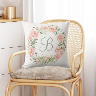 Coussin Couronne de fleurs rose pastel monogramme