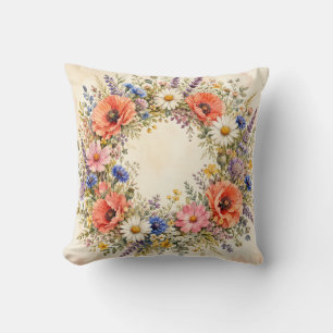 Coussin Couronne de fleurs sauvages aquarelle Cottage Gard