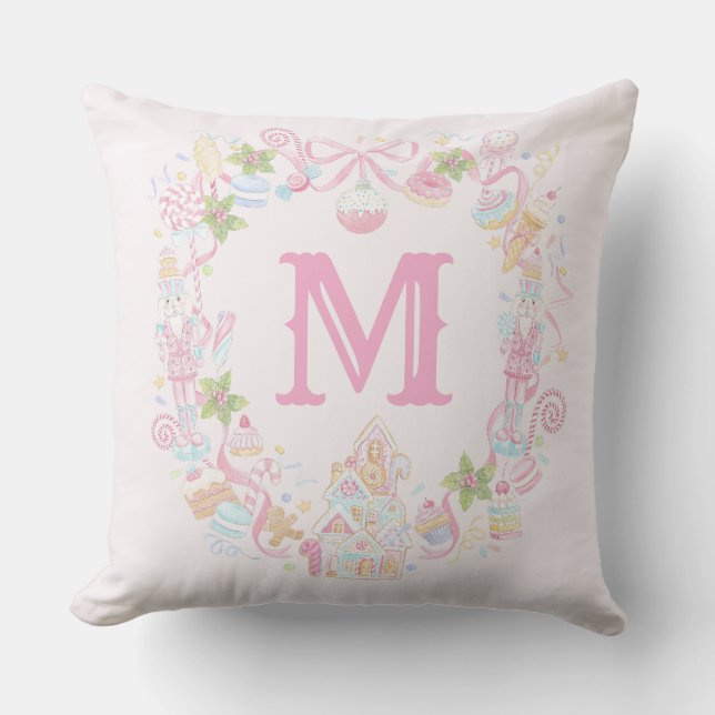 Coussin Couronne de friandises de fêtes pastel douce Monog (Recto)