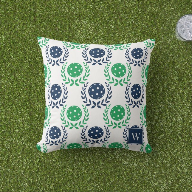 Coussin Couronne de laurier de pickleball chic – Bleu mari (Herbe)