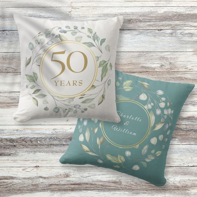 Coussin Couronne de laurier Faux or 50 ans de mariage (Laurel Garland Faux Gold 50 Wedding Anniversary Throw Pillow)