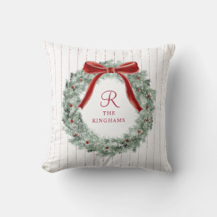 Coussin Couronne de monogramme à noeud rouge de Noël vinta