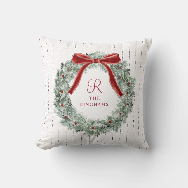 Coussin Couronne de monogramme à noeud rouge de Noël vinta (Recto)