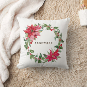 Coussin Couronne de Noël au poinsettia aquarelle monogramm