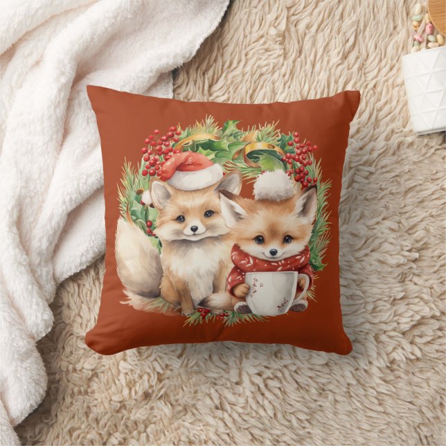 Coussin Couronne de Noël Couple de Renards Hiver (Couverture)