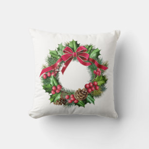 Coussin Couronne de Noël élégante avec nœud rouge, houx et