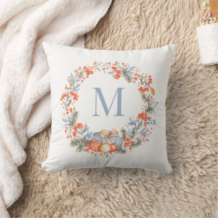 Coussin Couronne de Noël élégante monogramme bleu poussiér
