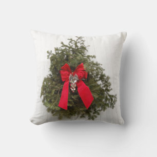 Coussin Couronne de Noël et Bow rouge