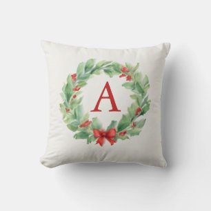 Coussin Couronne de Noël moderne monogramme aquarelle