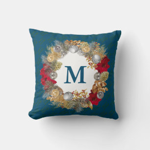 Coussin Couronne de Noël MONOGRAMME Bleu sarcelle
