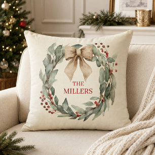Coussin Couronne de Noël personnalisée à l'aquarelle vinta