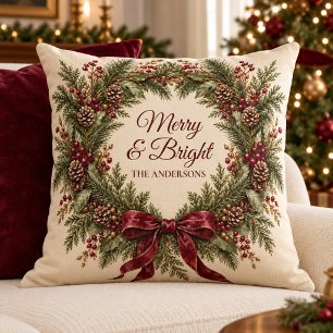 Coussin Couronne de Noël personnalisée Joyeuse et Lumineus