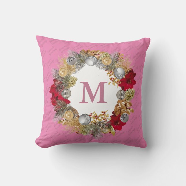 Coussin Couronne de Noël rose MONOGRAMME (Recto)
