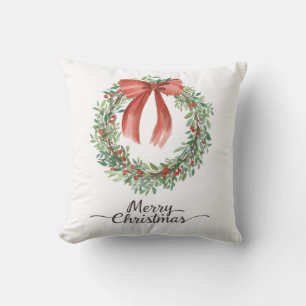 Coussin Couronne de Noël ruban rouge aquarelle Joyeux Noël