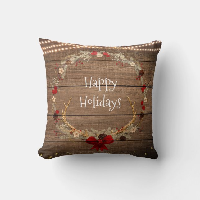 Coussin Couronne de Noël rustique à bois de cerf et lumièr (Recto)