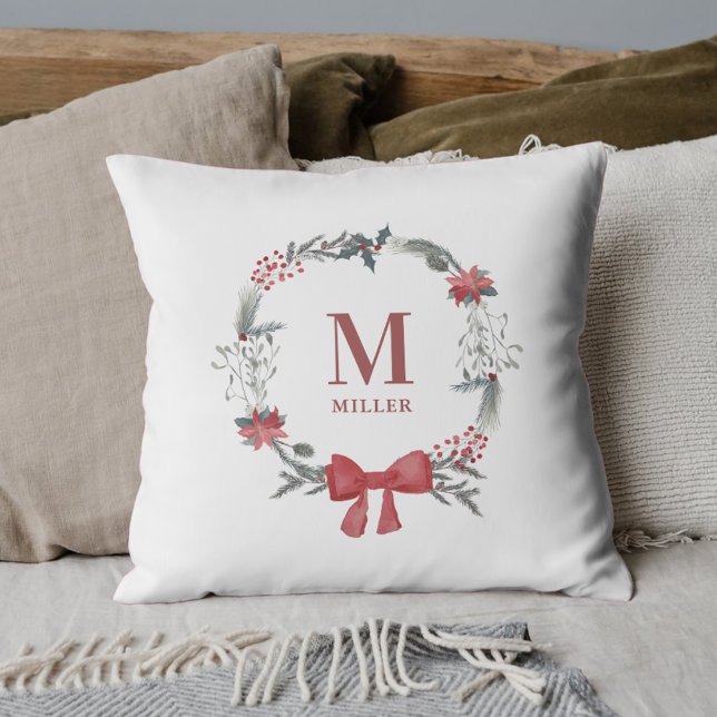 Coussin Couronne de Noël rustique Monogramme de nom de fam (Créateur téléchargé)