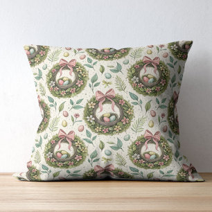Coussin Couronne de Pâques en buis avec ruban rose et œuf